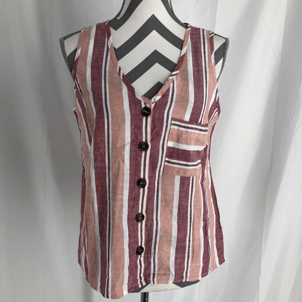 Rewind V-neck Tank Top Womens Medium Button Up Linen Blend Striped